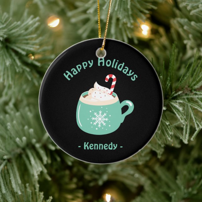 Happy Holidays Pastel Blue Hot Chocolate Cup Ceramic Ornament (Tree)