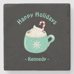 Happy Holidays Pastel Blue Hot Chocolate Cup Stone Coaster