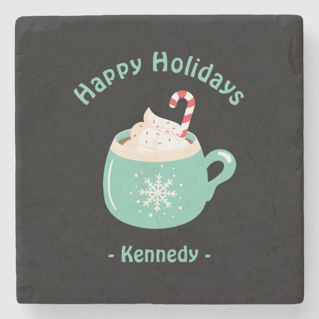 Happy Holidays Pastel Blue Hot Chocolate Cup Stone Coaster (Front)