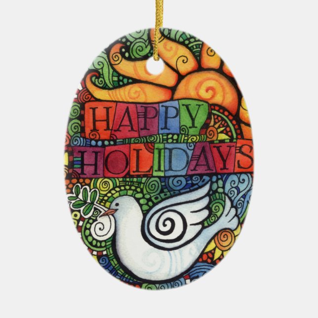 Happy Holidays Peace Dove Sun Design Ceramic Ornament (Front)