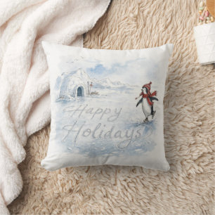 Happy Holidays Penguin Ice Skating Cushion