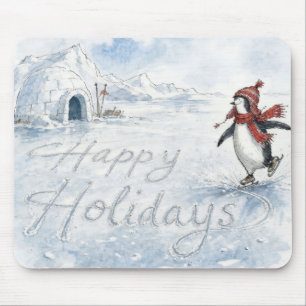 Happy Holidays Penguin Ice Skating Mouse Pad
