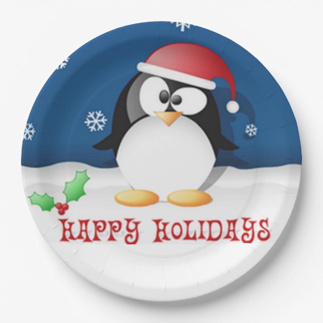 Happy Holidays Penguin Paper Plate (Front)
