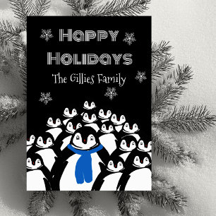 Happy Holidays Penguin Personalised Black Holiday Card