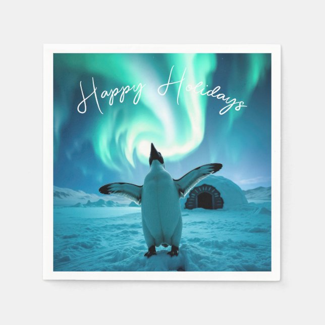 Happy Holidays Penguin Under Northern Lights Napkin (Front)