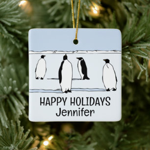 Happy Holidays Penguin Winter Christmas Cool Name Ceramic Ornament