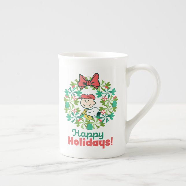 Happy Holidays | Peppermint Candy Wreath Bone China Mug (Right)