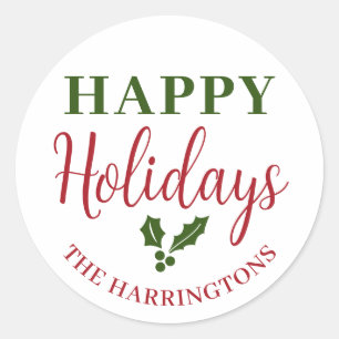 Happy Holidays Personalise Family Name Classic Round Sticker