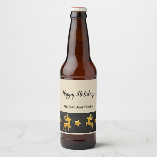 Happy Holidays Personalised Gold Reindeer Beer Bottle Label (Front)