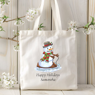 Happy Holidays Personalised Name Snowman Sledding Tote Bag