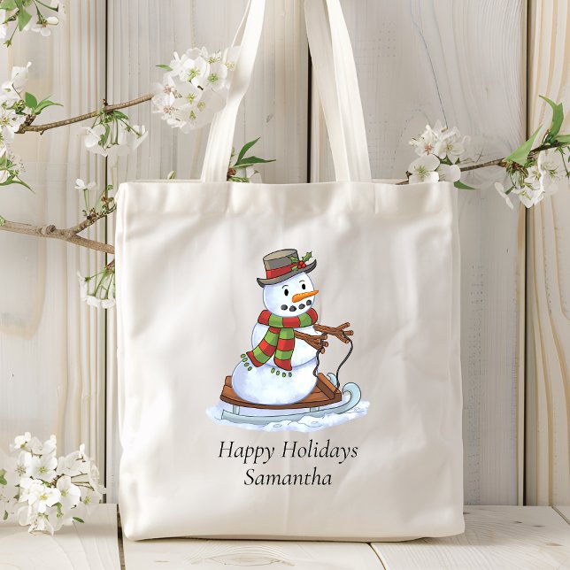 Happy Holidays Personalised Name Snowman Sledding Tote Bag (Creator Uploaded)
