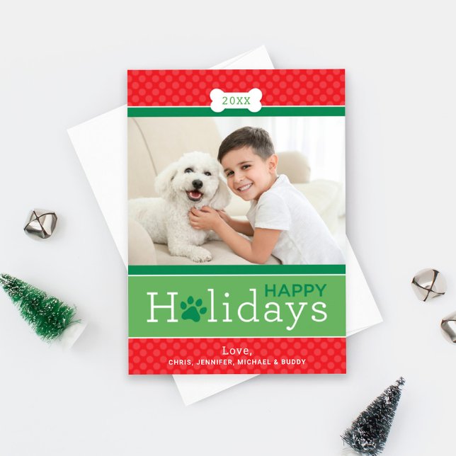 Happy Holidays Pet Photo Paw Print Red Green Dots Holiday Card (Creator Uploaded)