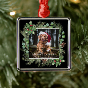 Happy Holidays Pet Photo Wreath  Metal Ornament