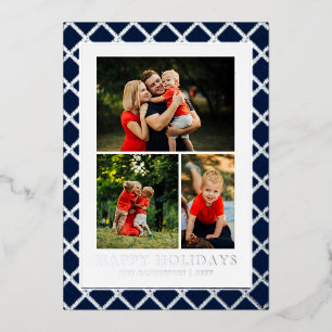 Happy Holidays Photo Collage Blue Check Christmas Foil Holiday Card