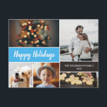 Happy Holidays Photo Collage Blue Christmas Holiday Postcard<br><div class="desc">Your beautiful family photos deserve to be shared during this time of year as you send warm wishes. Customise this modern collage design & personalise with your family greeting. Find the other pieces from the collection. This design uses light blue (cyan) as an accent colour but it can be easily...</div>