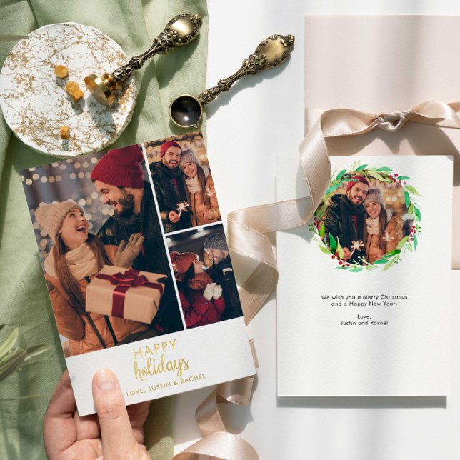 Happy Holidays Photo Collage Personalised Modern Foil Holiday Card (Creator Uploaded)