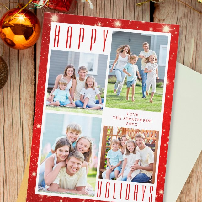 HAPPY HOLIDAYS Photo Collage Red Lights Holiday Card (Creator Uploaded)