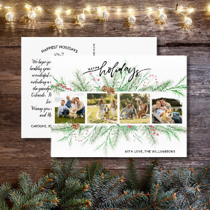 Happy Holidays Photo Collage Woodland Pine Boughs Postcard