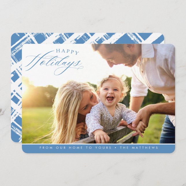 HAPPY HOLIDAYS PHOTO elegant calligraphy blue Holiday Card (Front/Back)