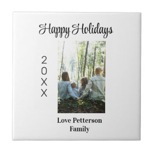Happy holidays photo family name year calligraphy ceramic tile