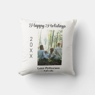 Happy holidays photo family name year calligraphy  cushion