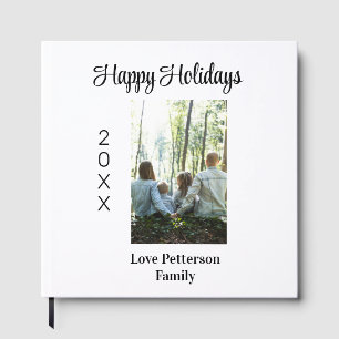 Happy holidays photo family name year calligraphy guest book