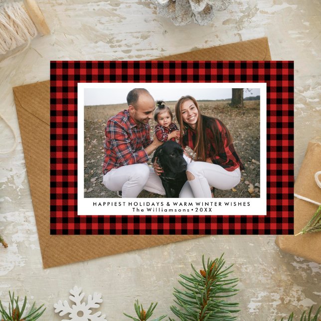 Happy Holidays Photo Fun Buffalo Check Plaid Holiday Card (Creator Uploaded)
