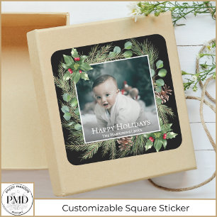 Happy Holidays Photo Greenery  Square Sticker