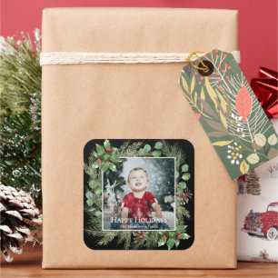 Happy Holidays Photo Greenery Square Sticker