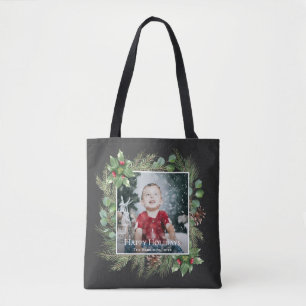 Happy Holidays Photo Greenery Tote Bag