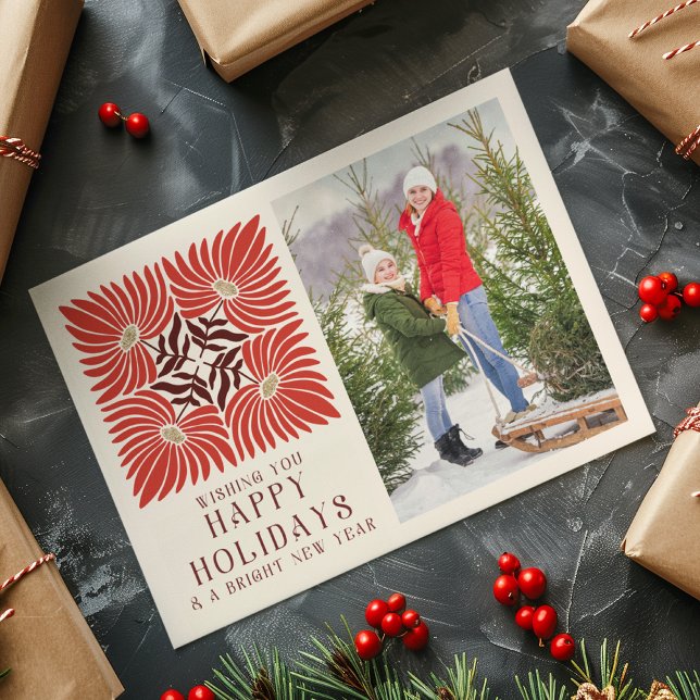 Happy Holidays Photo Modern Bold Red Floral  Postcard (Creator Uploaded)