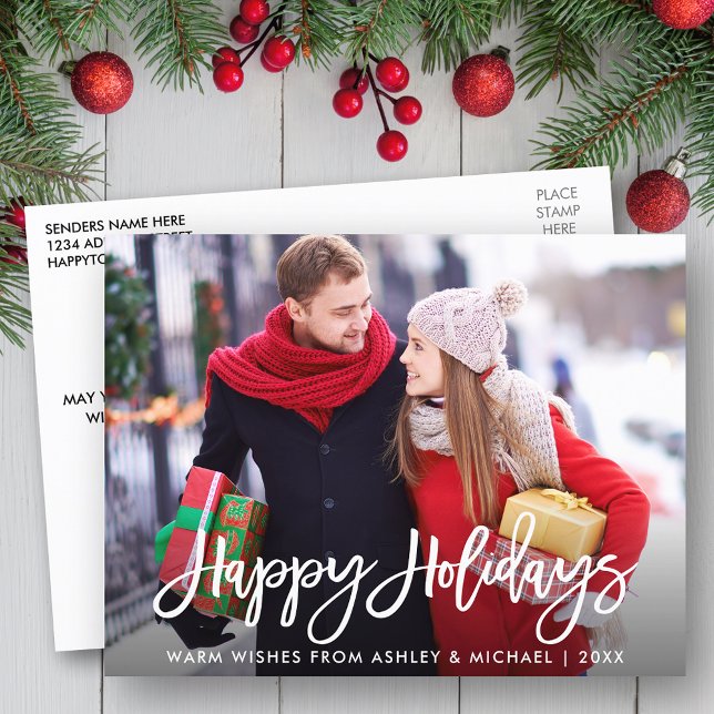 Happy Holidays Photo Modern Brush Script Postcard (Customize to change your personalized text size or text style.)