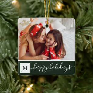 Happy Holidays Photo Modern Forest Green Monogram Ceramic Ornament