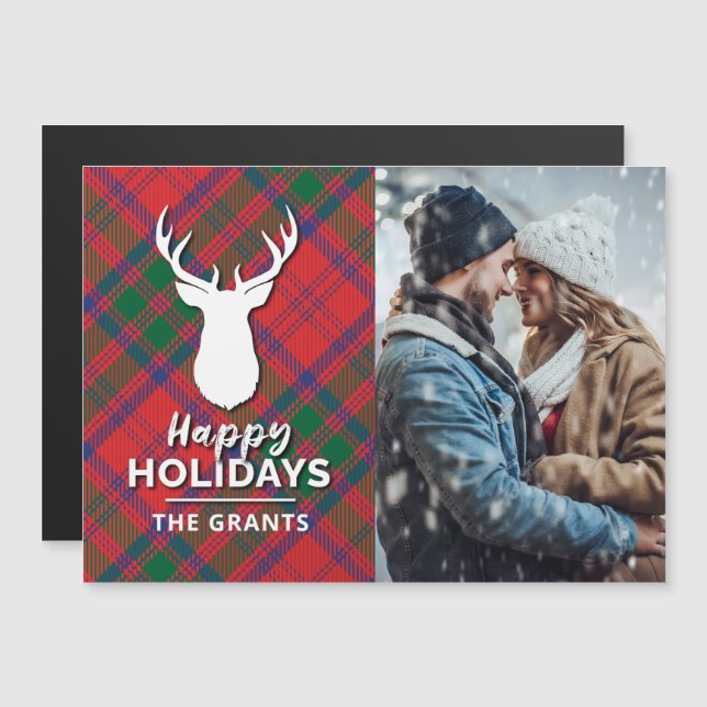 Happy Holidays Photo Modern Red Green Plaid (Front/Back)