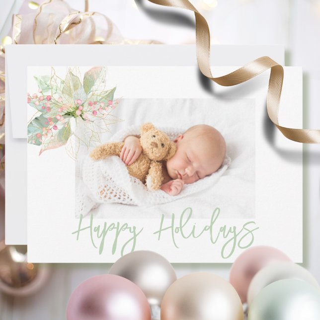 Happy Holidays Photo Pink Gold Pastel Poinsettia Holiday Card (Creator Uploaded)