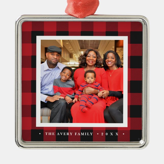 Happy Holidays Photo Plaid Christmas Metal Ornament (Front)