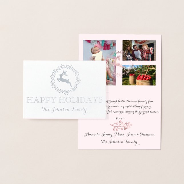 Happy Holidays Photo Reindeer Pink Rose Wreath Foil Card (Display)