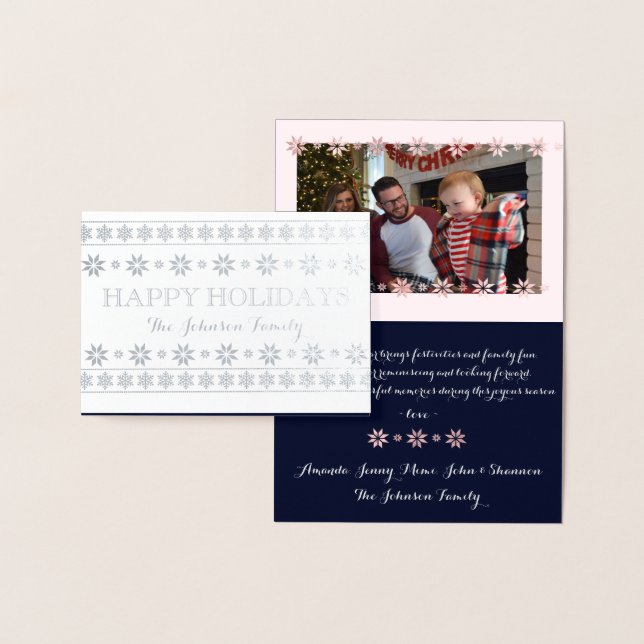 Happy Holidays Photo Snow  Pink Blue Scandynavian Foil Card (Display)