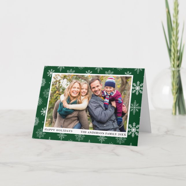 Happy Holidays Photo Snowflakes Green Folded Holiday Card (Front)