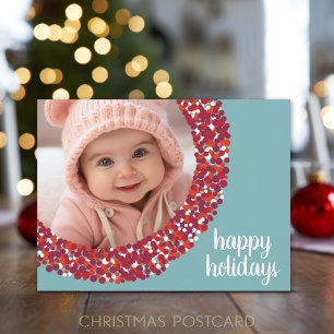 Happy Holidays Photo - Whimsical berry wreath Holiday Postcard