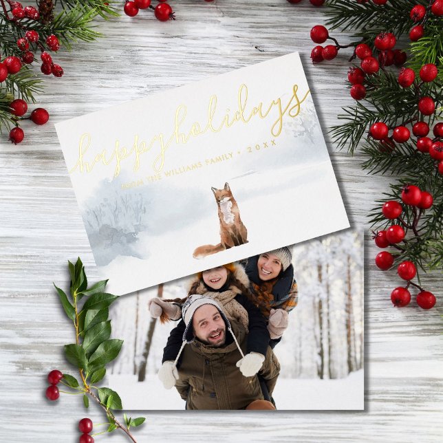Happy Holidays Photo Winter Scene Fox Gold Foil Holiday Card (Creator Uploaded)