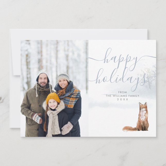 Happy Holidays Photo Winter Woodland Scene Fox Holiday Card (Front)