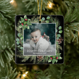 Happy Holidays Photo Wreath Botanical Christmas Ceramic Ornament