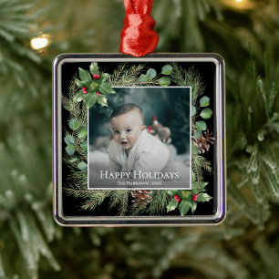 Happy Holidays Photo Wreath Botanical Christmas Metal Ornament