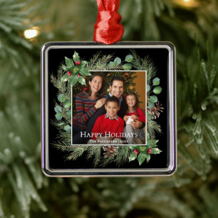 Happy Holidays Photo Wreath Botanical Metal Ornament