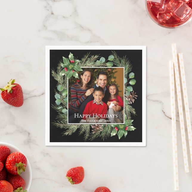Happy Holidays Photo Wreath Christmas Napkin (Insitu)