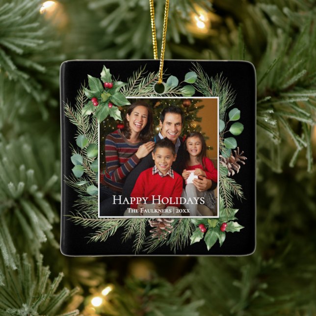 Happy Holidays Photo Wreath Greenery  Ceramic Ornament (Tree)