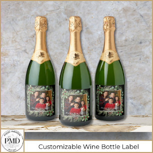 Happy Holidays Photo Wreath Greenery Sparkling Wine Label