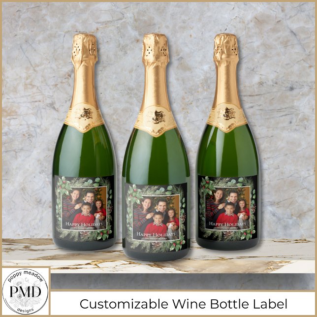 Happy Holidays Photo Wreath Greenery  Sparkling Wine Label (Happy Holidays Photo Wreath Greenery Botanical Sparkling Wine Bottle Label with Name, Year, Photo.)