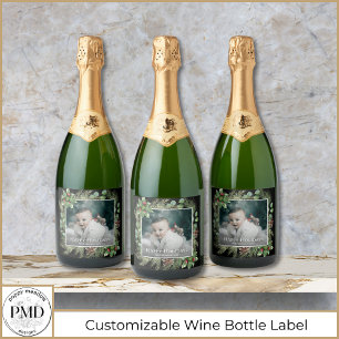 Happy Holidays Photo Wreath Greenery Sparkling Wine Label